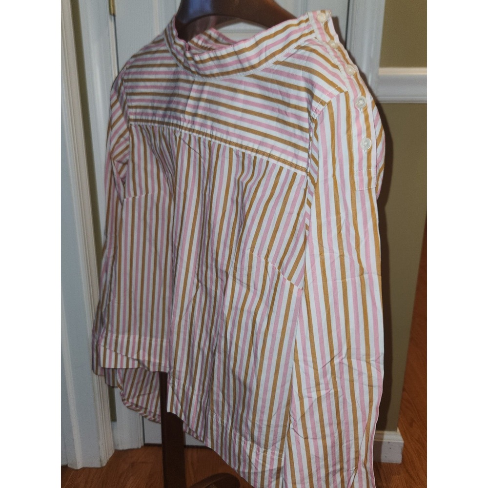 J.Crew Womens Pink Mustard Yellow Striped Button Shoulder Top Size 10 - Picture 5 of 7